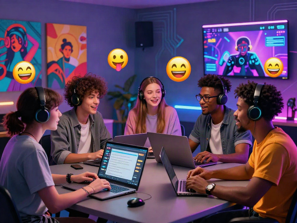 Dynamic virtual chat scene illustrating ai porn chat interactions among diverse avatars in a vibrant digital space.