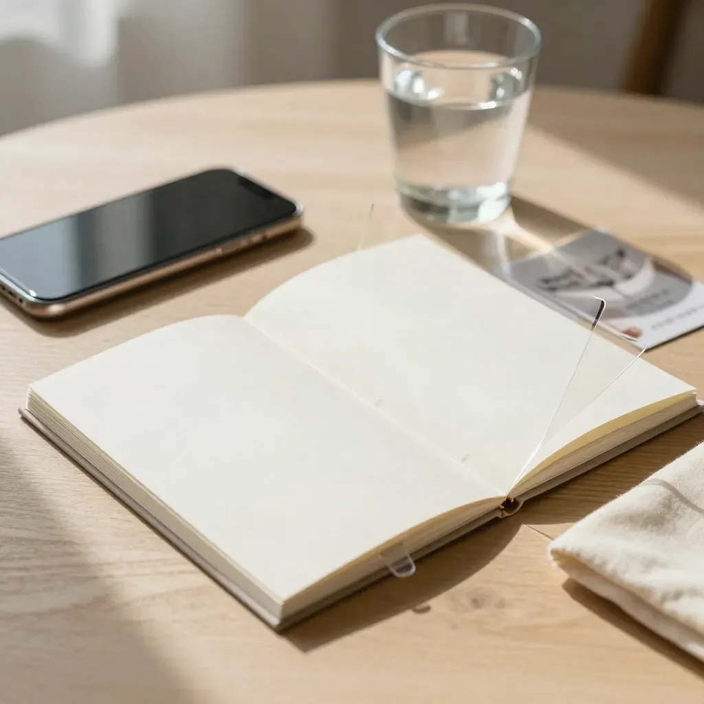 Open attribution booklet with dividers beside a phone and water glass on an oak table