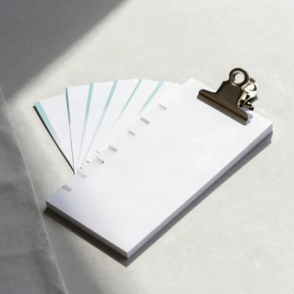 Overhead flatlay of a white automation guide, translucent tabs, two cards, and a metal clip on pale concrete.