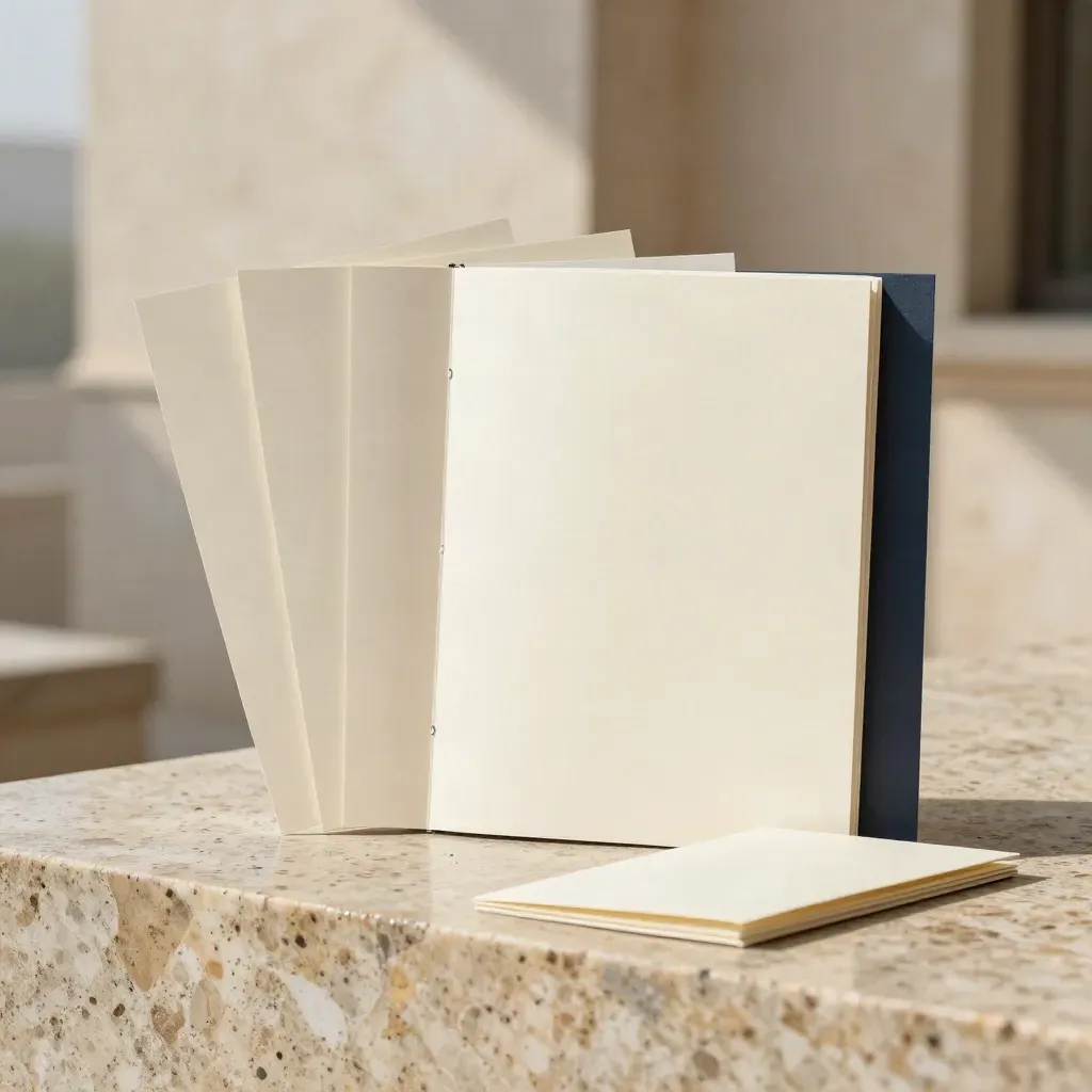 Cream presentation folio with inserts on travertine, lit by rain-cleared daylight