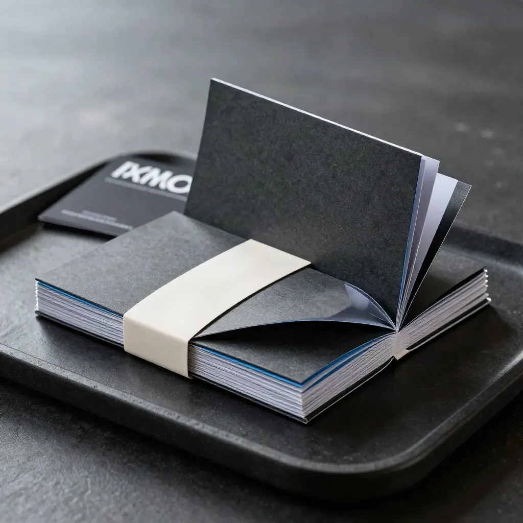 Low-angle report bundle with booklet, inward insert and paper band on a dark tray