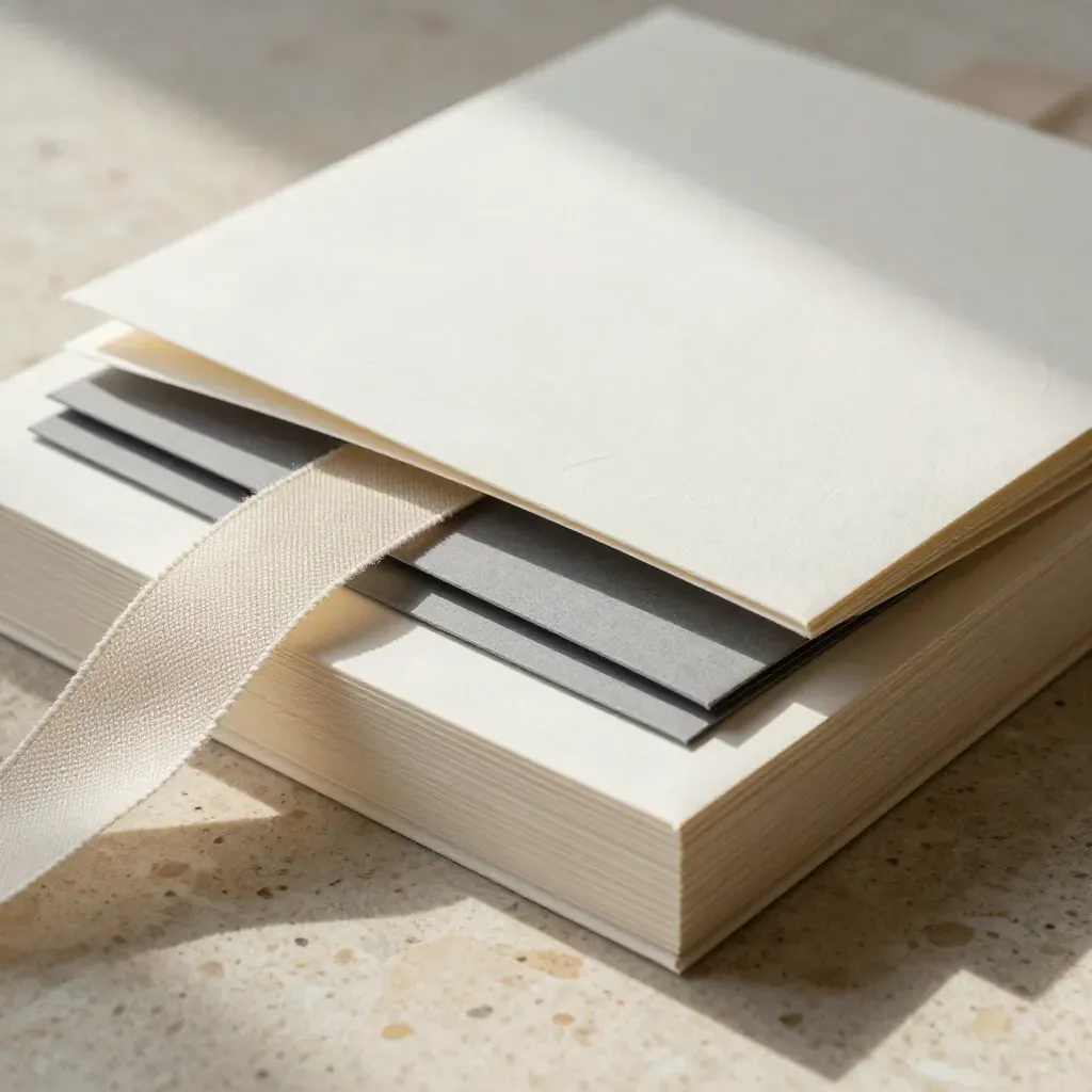 Off-white event recap cards with a loosened linen ribbon on travertine