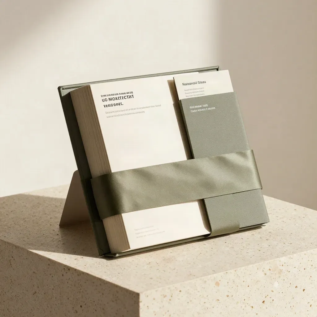Blank book block with satin band and two slim cards on travertine, lit in a premium studio setup.