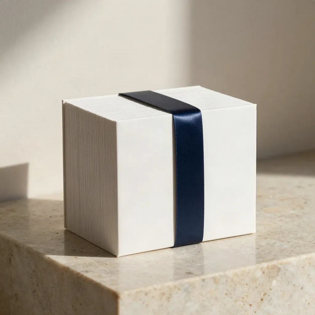 Off-white card box with fanned checklist cards and navy bands on a limestone plinth