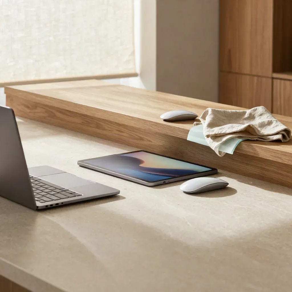 Sunlit limestone-and-oak interior with a laptop, tablet and linen blinds over calm copy space
