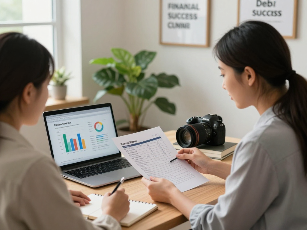 Financial counselor assisting a client to manage debt, discussing strategies in a modern office.